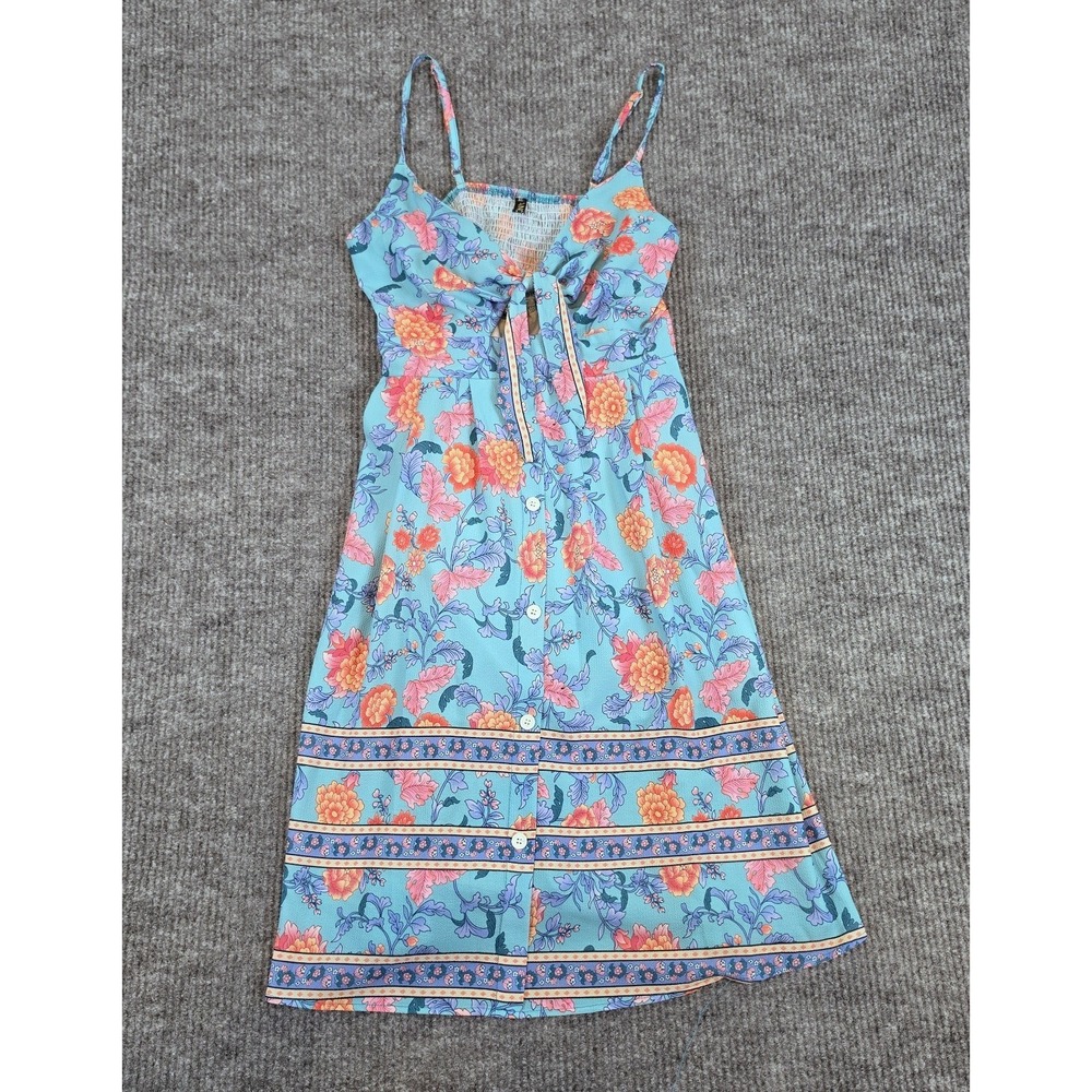 FANCYINN Womens Tie Front Dress Summer V-Neck Spaghetti Strap Blue Rose Xl